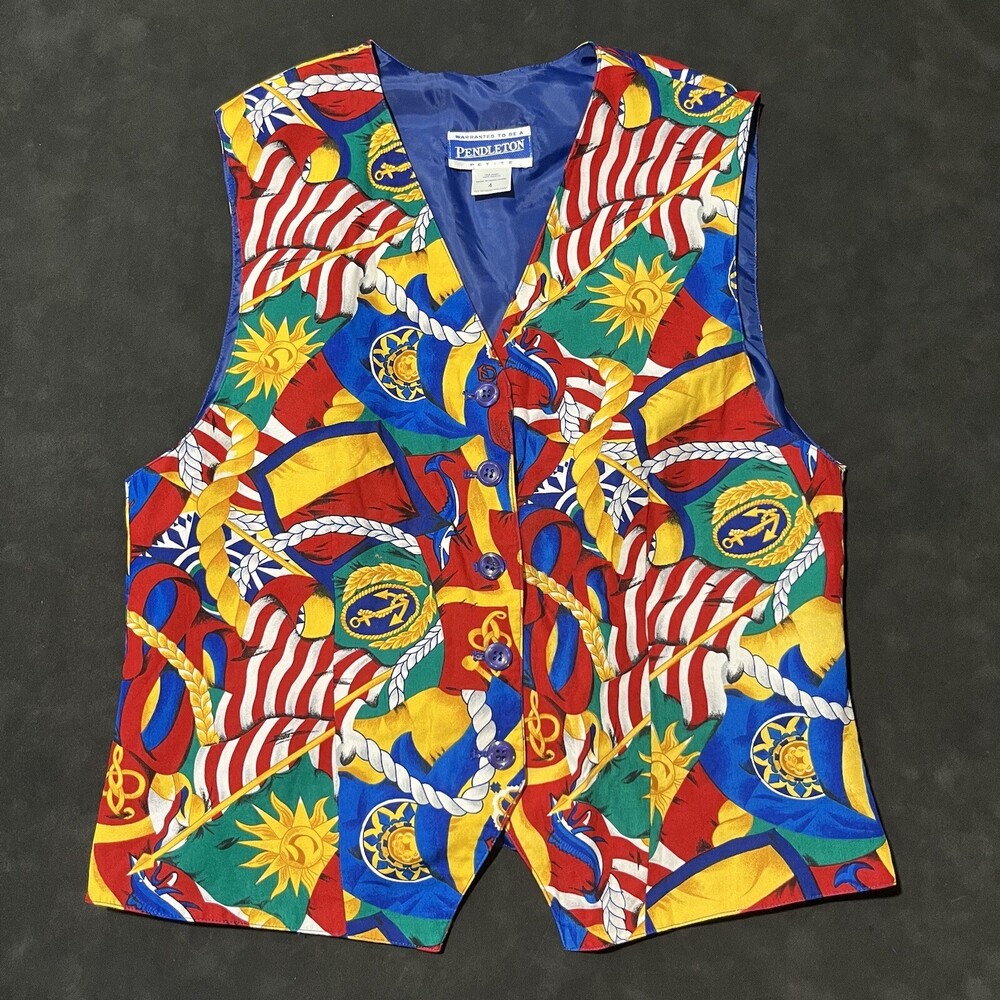 Pendleton Vintage Vest All Over Print Button Up Yacht Sailing Preppy 1970s USA
